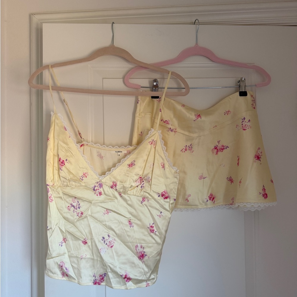 Tularosa Yellow Floral Satin Camisole & Slip Skirt Set